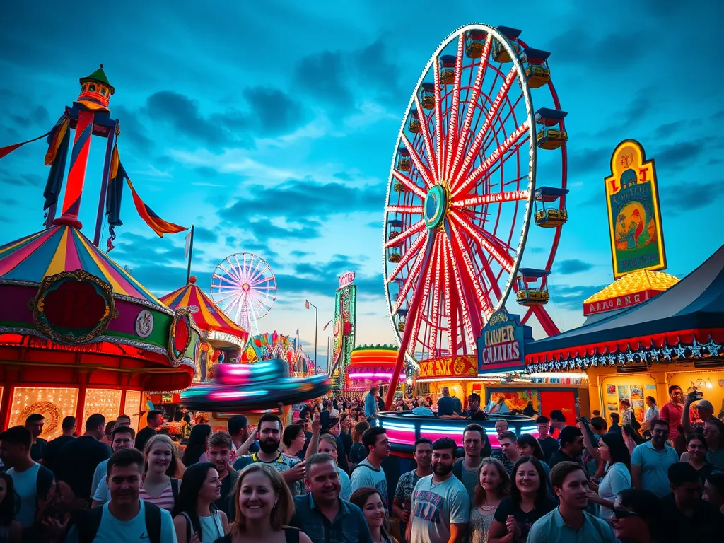 Lunaparkta eğlenen insanlar ve çeşitli aletler